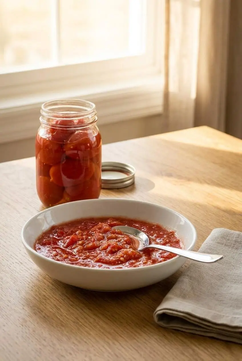 An open glass jar of canned tomatoes beside a bowl of hand-crushed tomatoes on a wooden kitchen table.