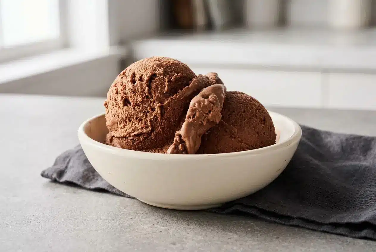 A rich and scoopable serving of homemade chocolate ice cream with a velvety texture.