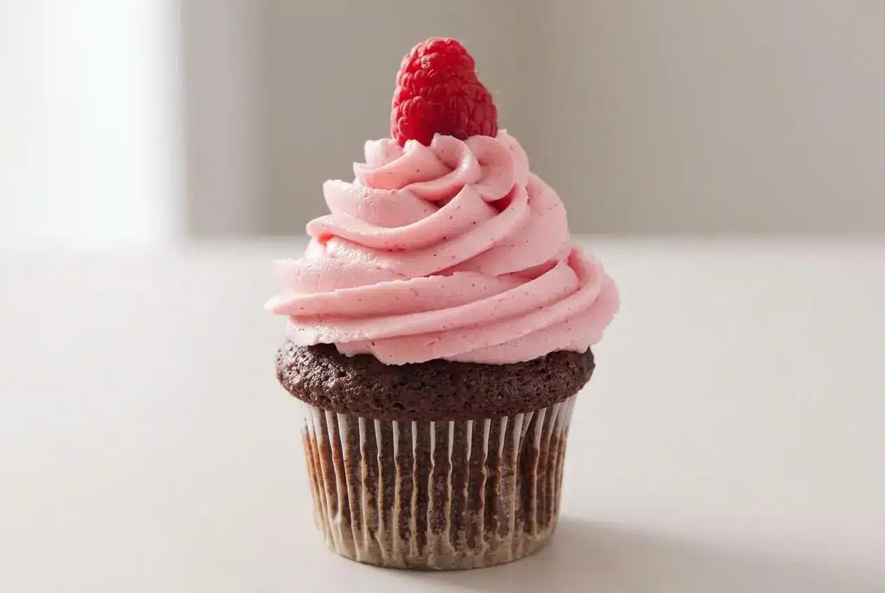 Silky smooth, vibrant pink raspberry buttercream frosting with soft peaks on a swirling spread.