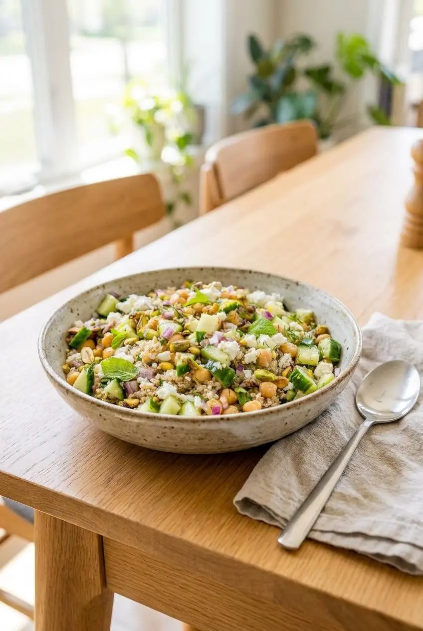 Freshly assembled viral Jennifer Aniston grain salad in a ceramic serving bowl on a wooden dining table.