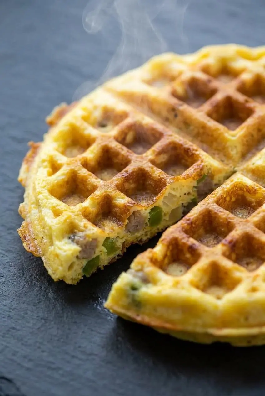 Close-up of a cooked waffle egg grid with crispy browned cheddar edges and finely diced peppers.