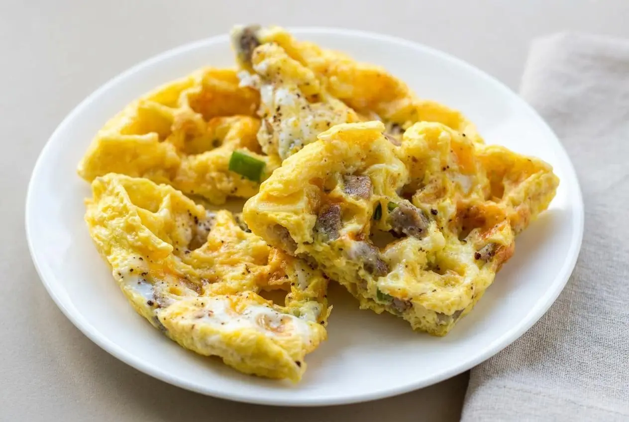 Golden crisp waffle iron omelette square with melted cheddar and diced sausage.