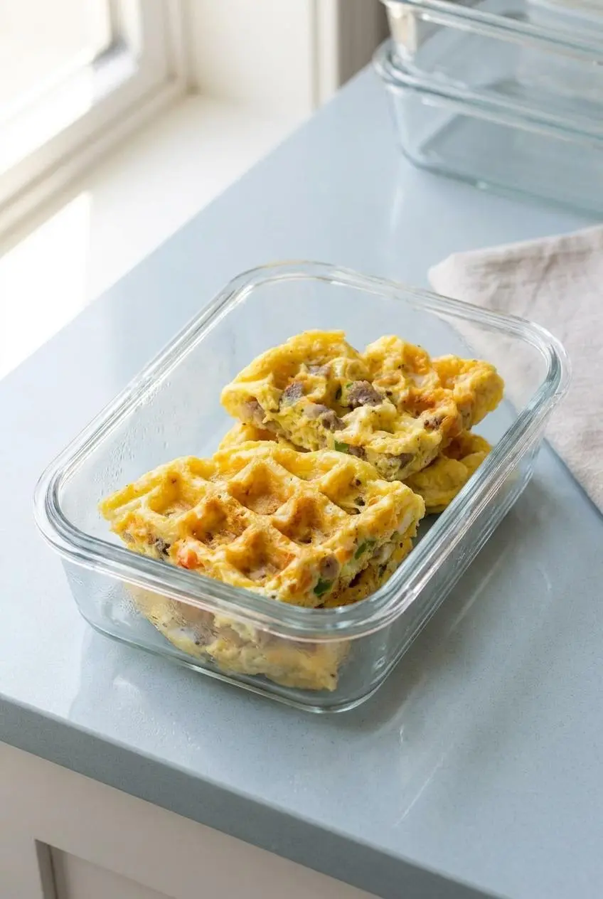Two cooked waffle omelette squares stacked in a glass meal prep storage container.