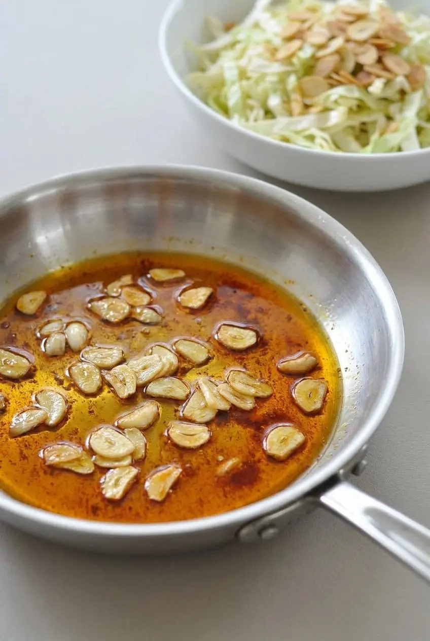 Thinly sliced garlic sizzling lightly with smoked Spanish paprika in warm olive oil in a skillet.