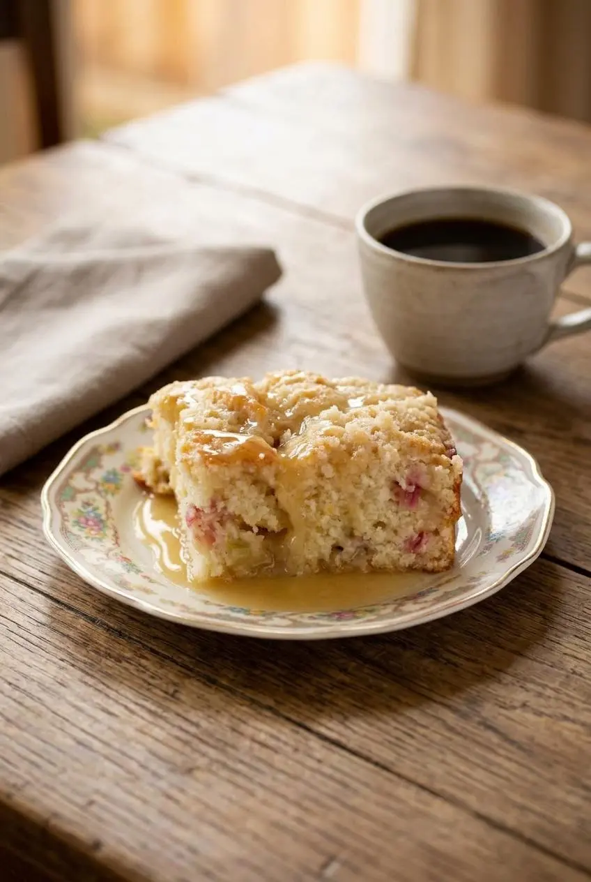 A square slice of warm rhubarb dessert covered in vanilla sauce served on a ceramic plate with a cup of coffee