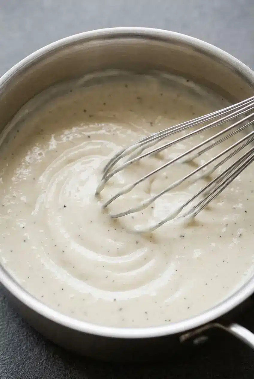 Stirring glossy white pizza sauce with a stainless steel wire whisk in a warm metallic saucepan.