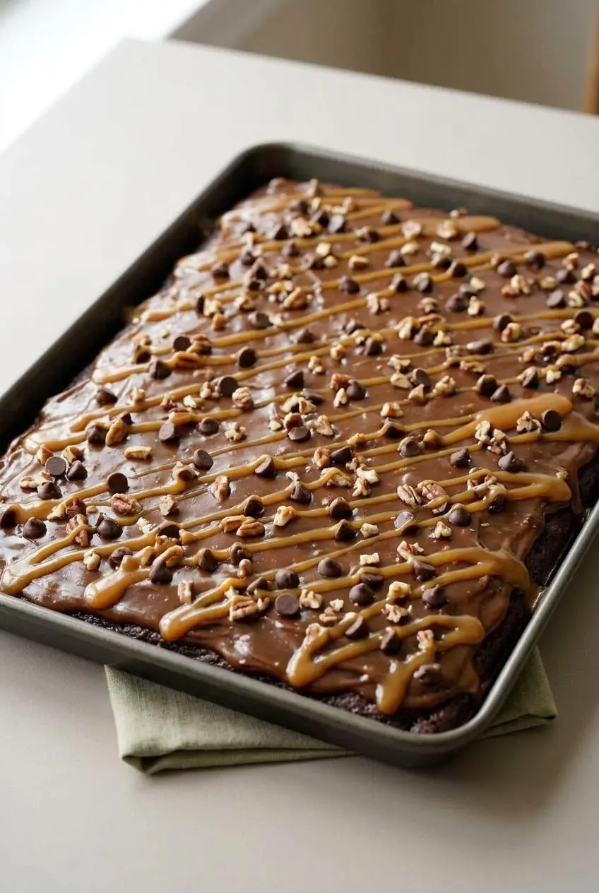A full 10x15-inch dark metal baking pan of sliced Turtle Texas Sheet Cake on a rustic dining table.