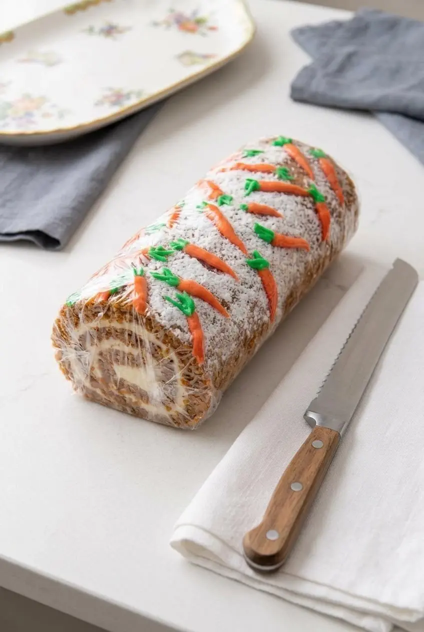 An assembled carrot cake roll wrapped tightly in clear plastic wrap on a clean quartz kitchen countertop.