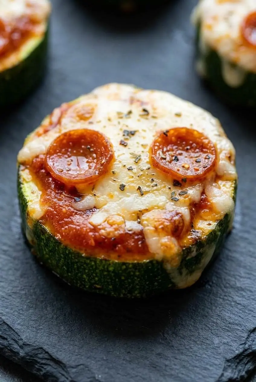 Close-up of a zucchini pizza bite showing seared edges, thick marinara, and melted mozzarella.