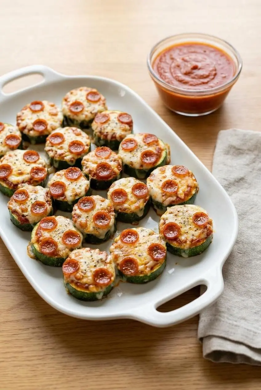 Platter of zucchini pizza bites served alongside a small bowl of marinara dipping sauce.
