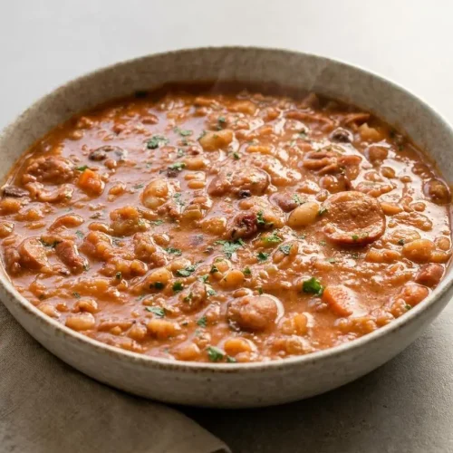 15 bean soup recipe simmered with smoked ham hock, sliced kielbasa, and a velvety tomato broth in a pot