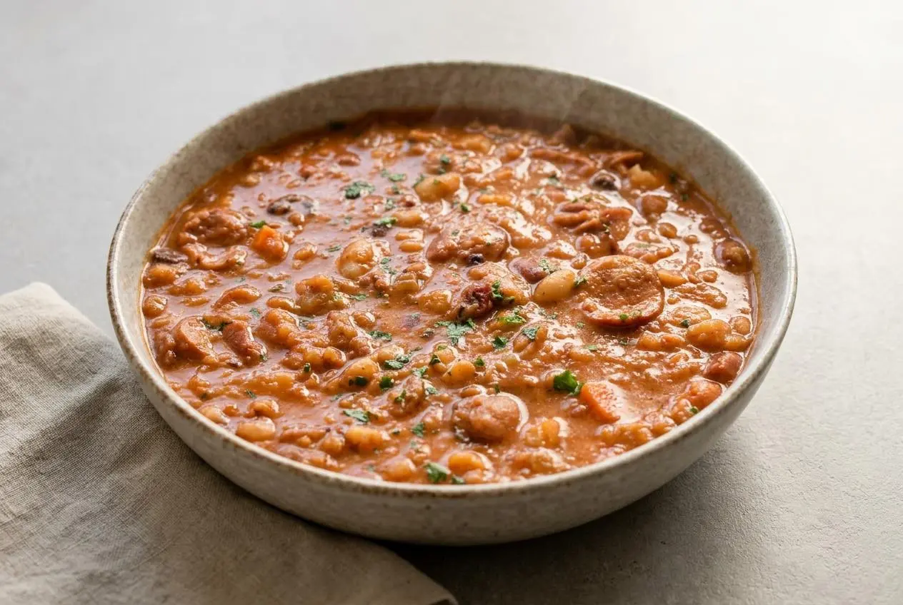 15 bean soup recipe simmered with smoked ham hock, sliced kielbasa, and a velvety tomato broth in a pot