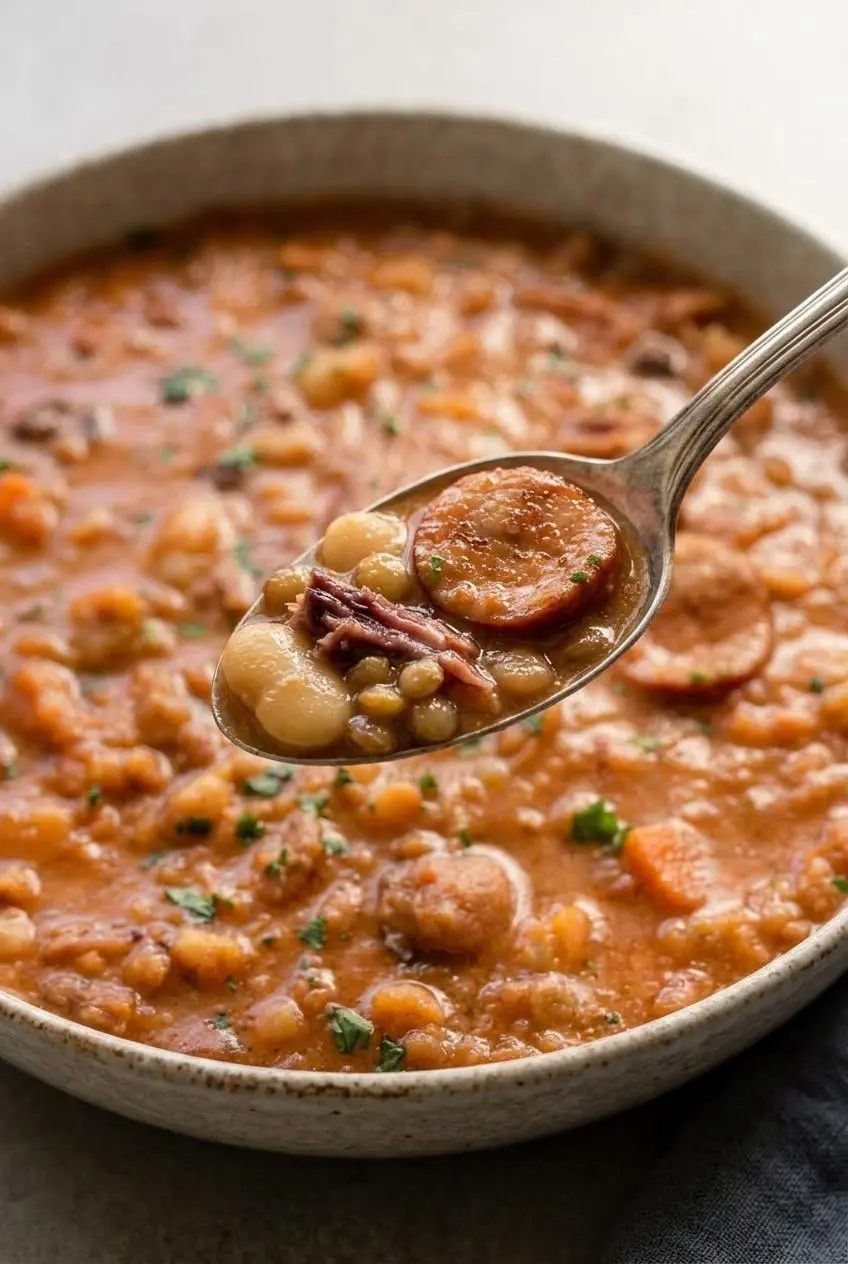 Spoon lifting velvety 15 bean soup with tender lima beans, lentils, shredded ham, and browned kielbasa