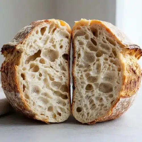 Crusty artisan sourdough bread loaf with a blistered golden exterior and open crumb.