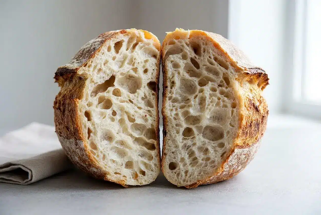 Crusty artisan sourdough bread loaf with a blistered golden exterior and open crumb.