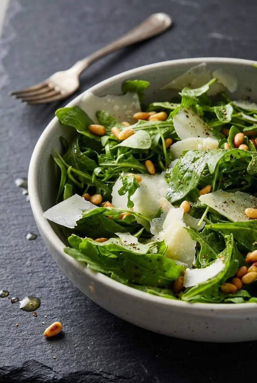 Close-up of baby arugula leaves glistening with lemon vinaigrette, topped with shaved Parmesan and toasted pine nuts.