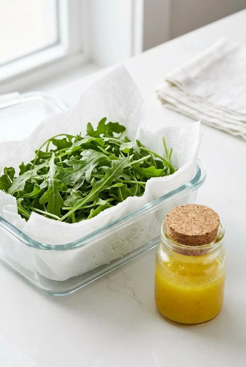 Fresh baby arugula stored in a glass meal prep container with a paper towel, next to a jar of lemon-Dijon vinaigrette.