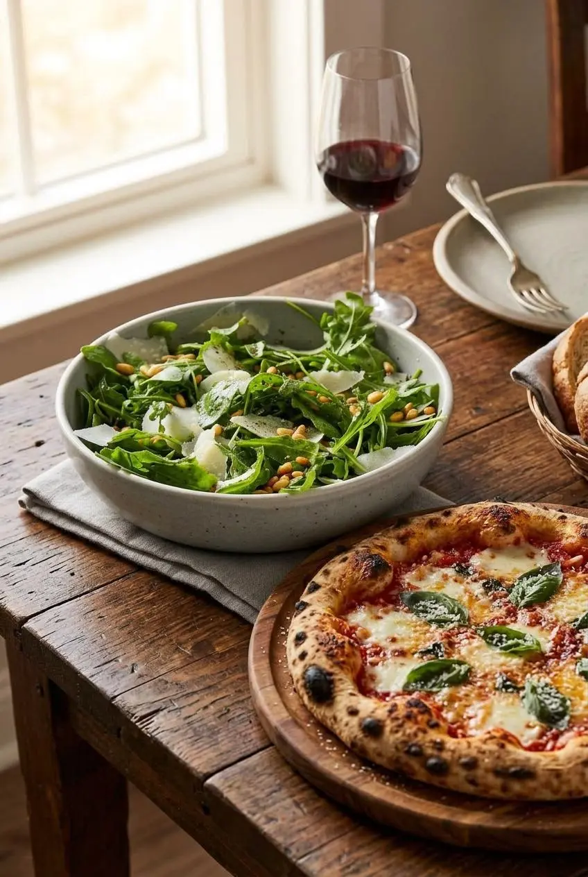 Arugula salad in a ceramic bowl served alongside a freshly baked, bubbling Margherita pizza on a rustic wooden table.