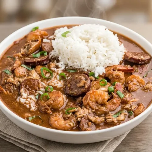 A comforting bowl of authentic gumbo recipe with a rich dark broth, tender shrimp, crab, and sliced andouille sausage.