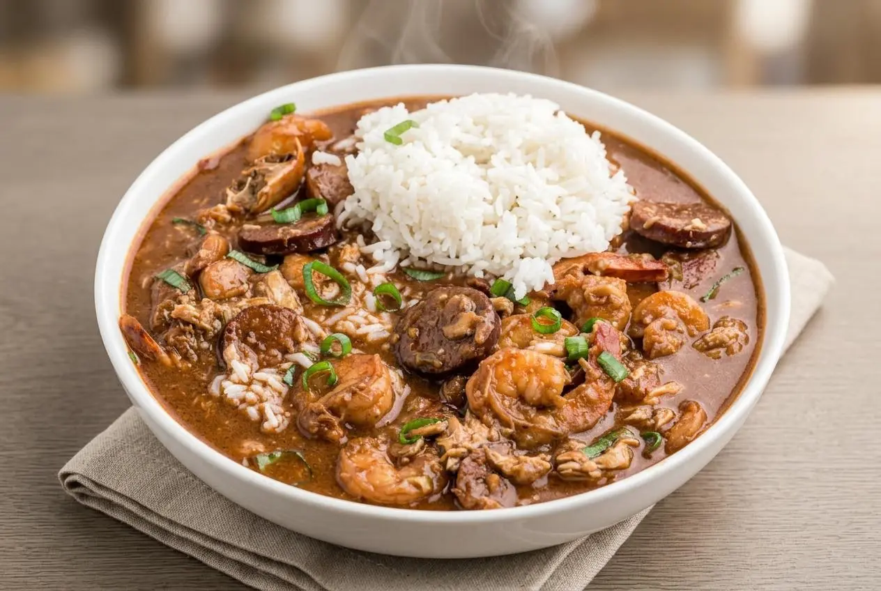 A comforting bowl of authentic gumbo recipe with a rich dark broth, tender shrimp, crab, and sliced andouille sausage.