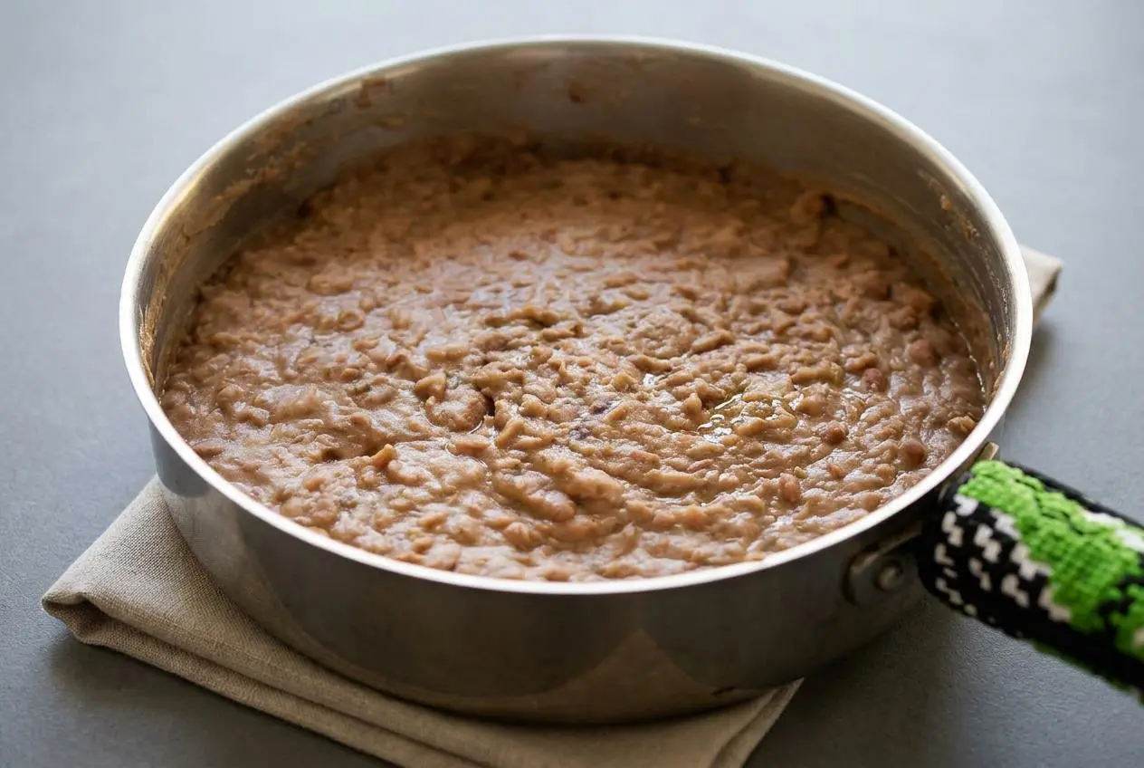 Creamy refried beans recipe showing a glossy finish and rich texture served hot in a cast iron skillet.