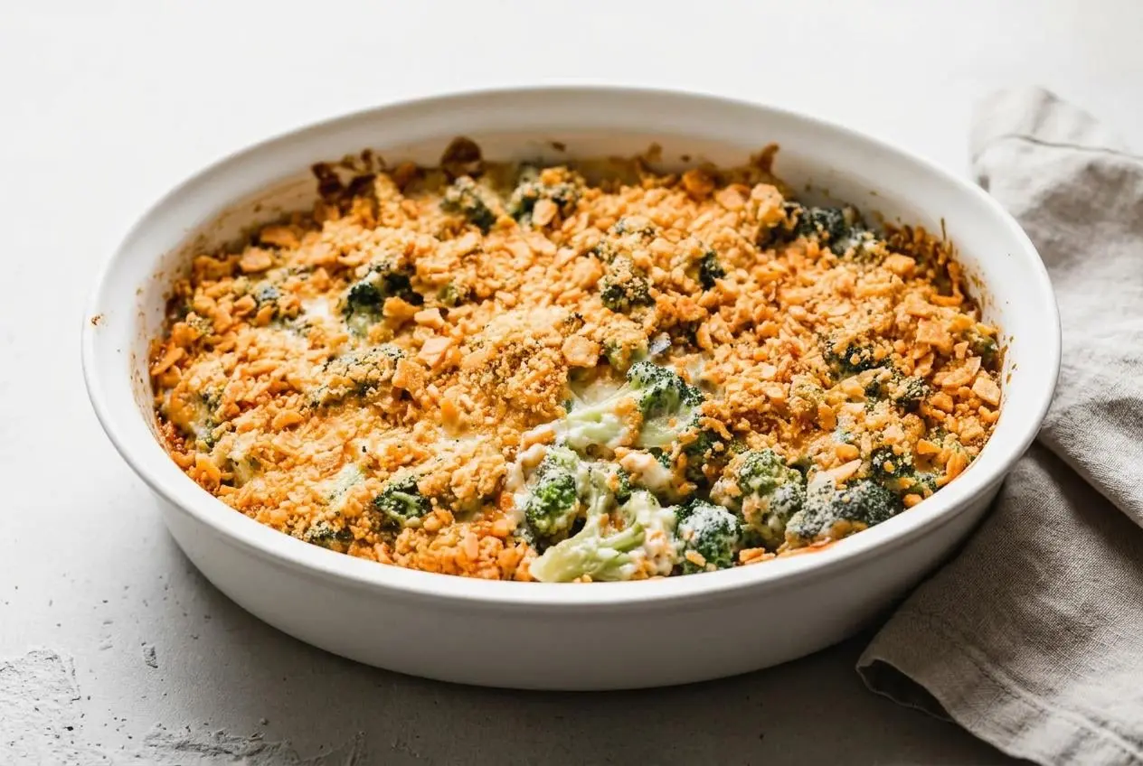 Baked broccoli cheese casserole with creamy cheddar sauce and a crisp, golden cracker topping.