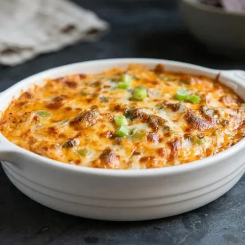 Warm buffalo chicken dip in a baking dish with a bubbling, golden-brown cheese top and green onions.
