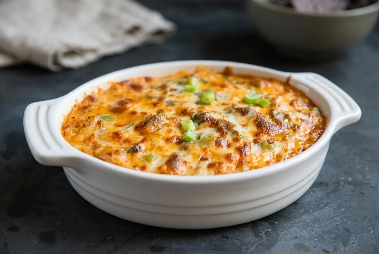 Warm buffalo chicken dip in a baking dish with a bubbling, golden-brown cheese top and green onions.