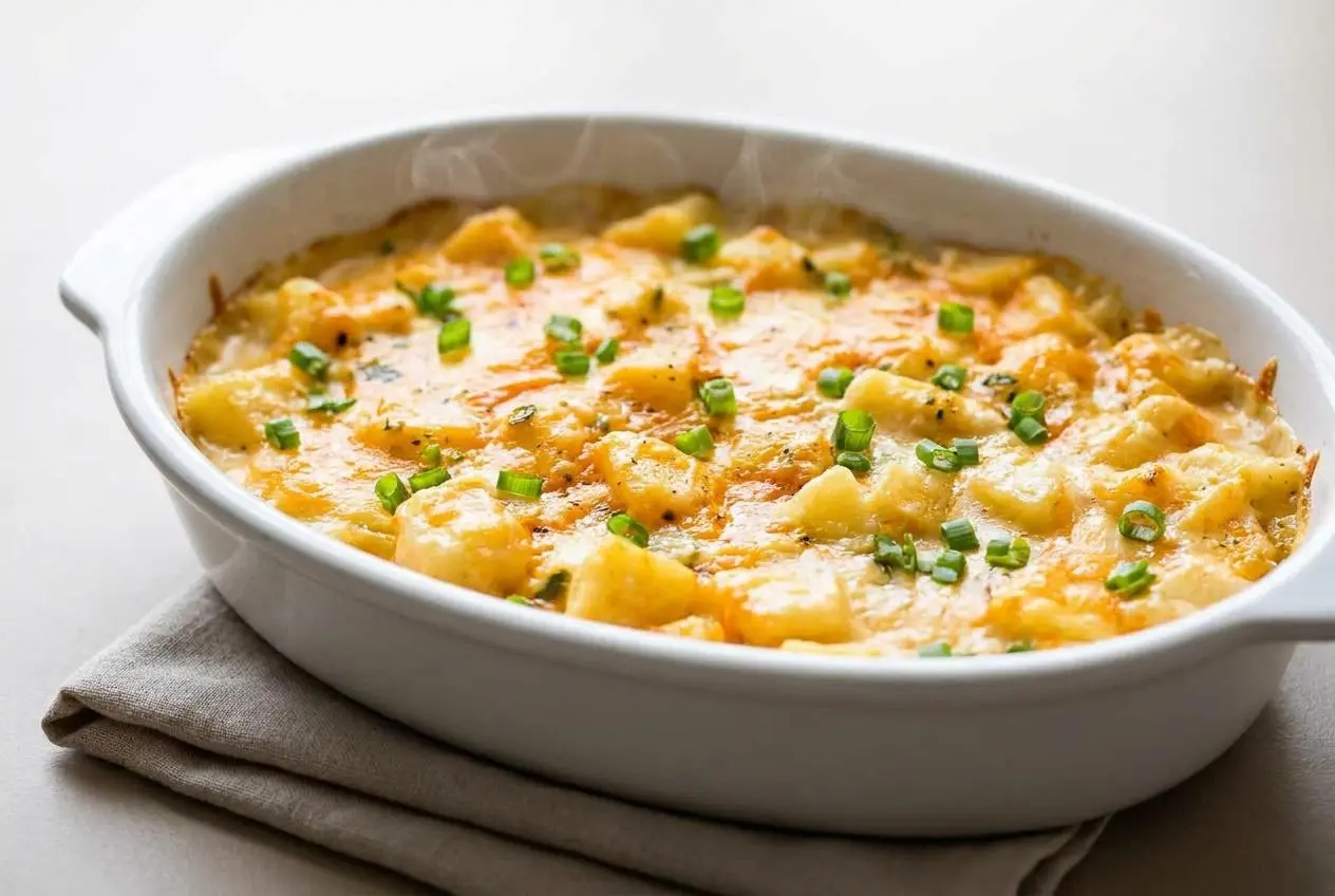 Baked cheesy potatoes recipe casserole bubbly and golden-brown in a baking dish.