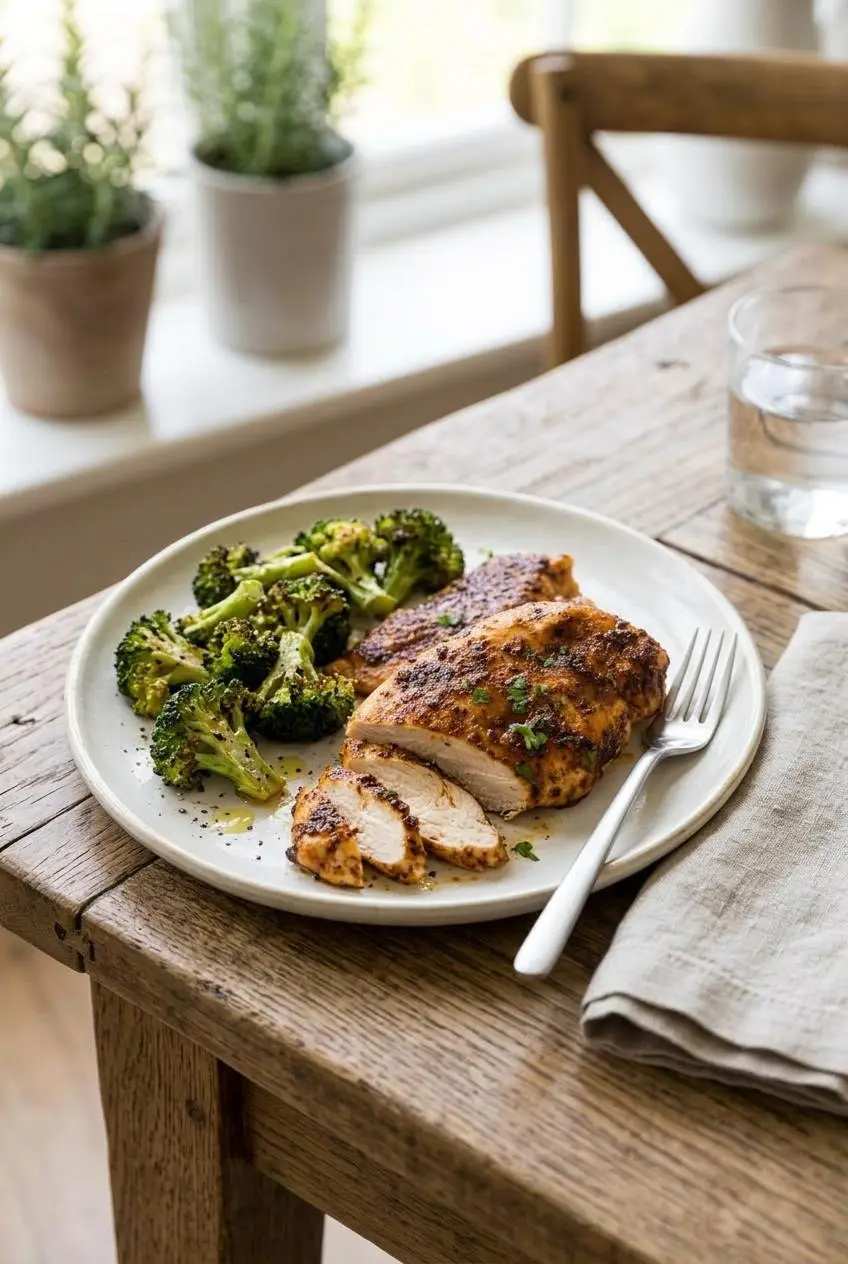 Sliced golden chicken breast served on a plate with charred roasted broccoli florets.