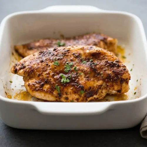 Golden baked chicken breast with caramelized spice edges and fresh chopped parsley.