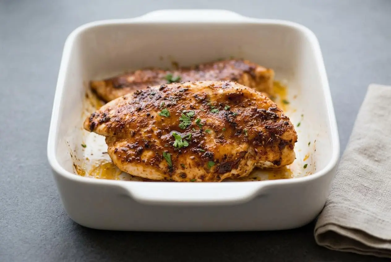 Golden baked chicken breast with caramelized spice edges and fresh chopped parsley.