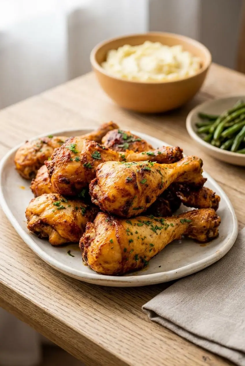 Platter of baked chicken drumsticks served with mashed potatoes and green beans.