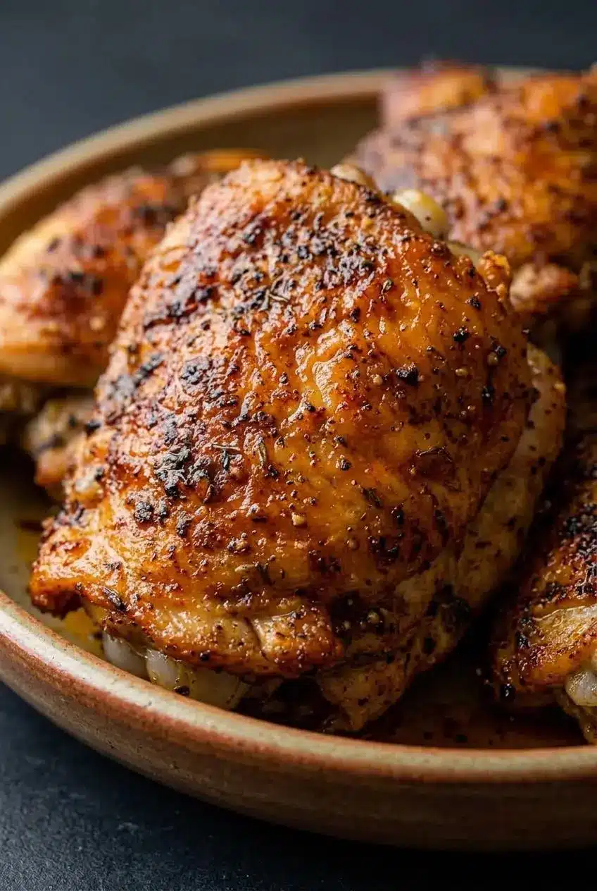 Close-up of blistered crispy skin on a baked chicken thigh with paprika seasoning.
