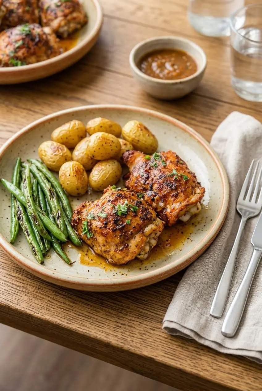Plated baked chicken thighs served with garlic roasted potatoes and green beans.