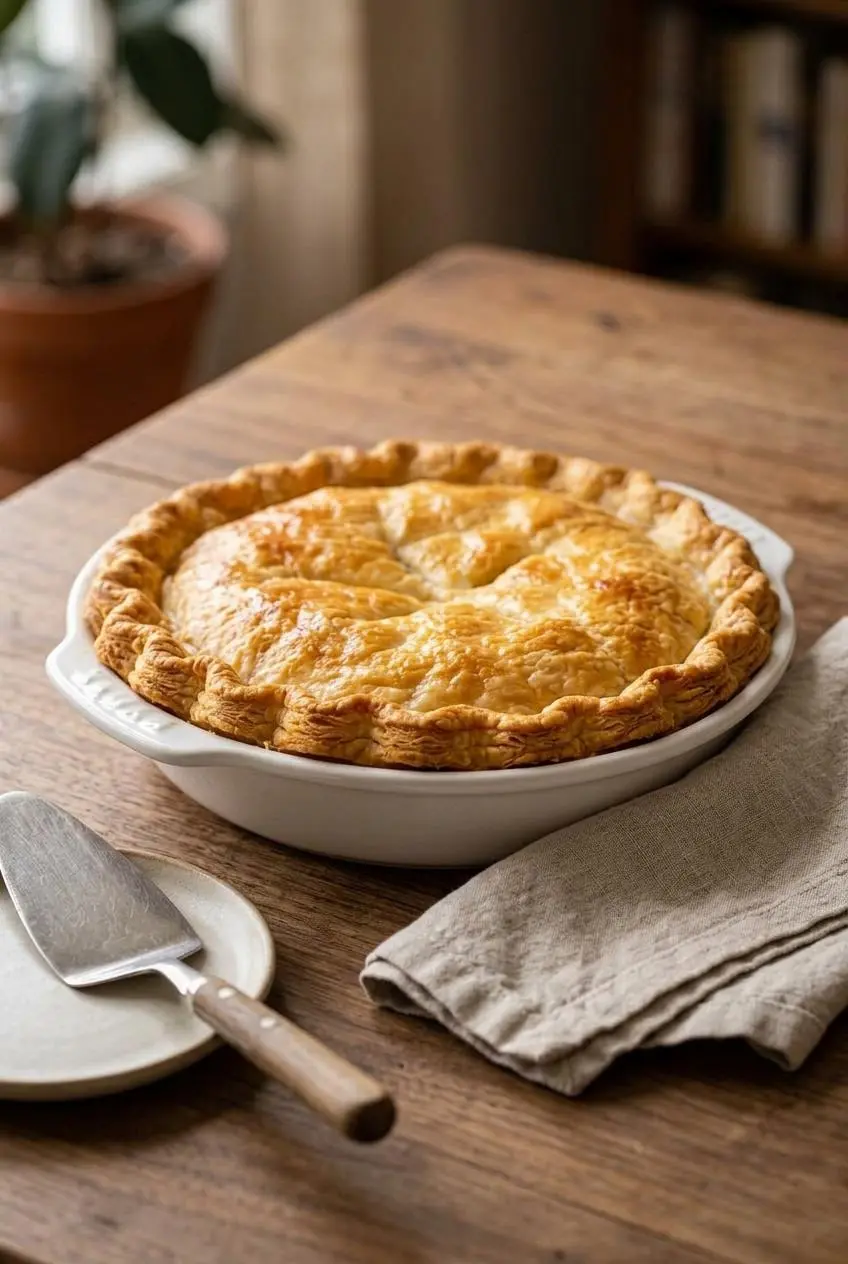 Whole double-crust baked pie with a golden browned crimped top served on a rustic wooden table.