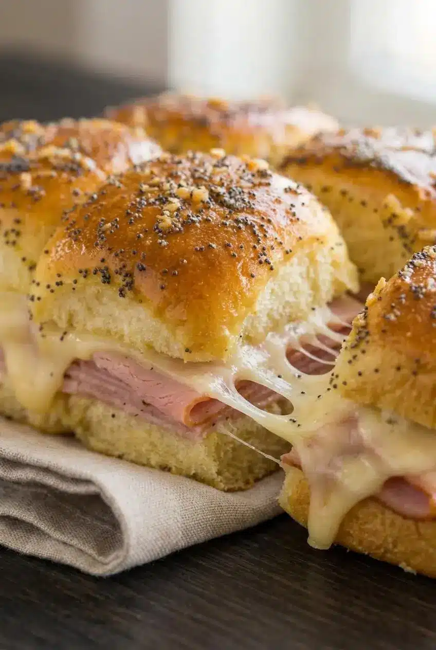 Close-up of a warm ham and cheese slider pulled apart, showing stretchy melted Swiss cheese and folded deli ham.