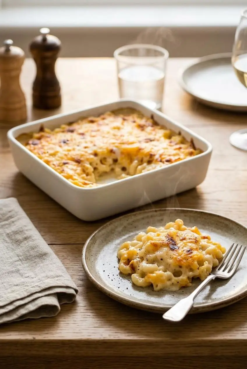 Baked mac and cheese served on a dinner plate beside the casserole dish on a rustic table.