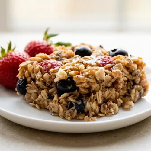 Baked oatmeal with golden rolled oats, juicy bubbling mixed berries, and a tender custardy center.