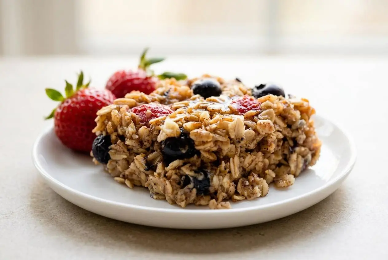 Baked oatmeal with golden rolled oats, juicy bubbling mixed berries, and a tender custardy center.