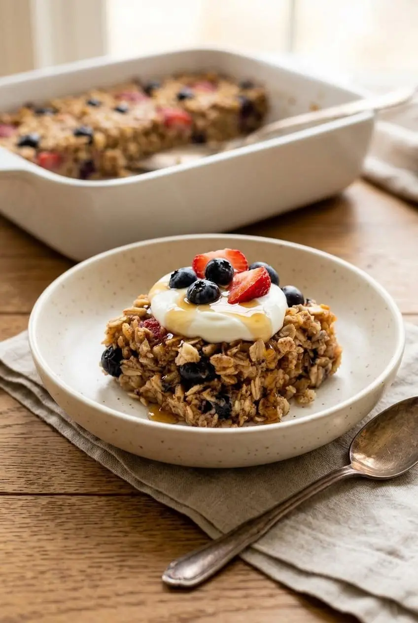Plated slice of warm berry baked oatmeal topped with vanilla Greek yogurt and a maple syrup drizzle.