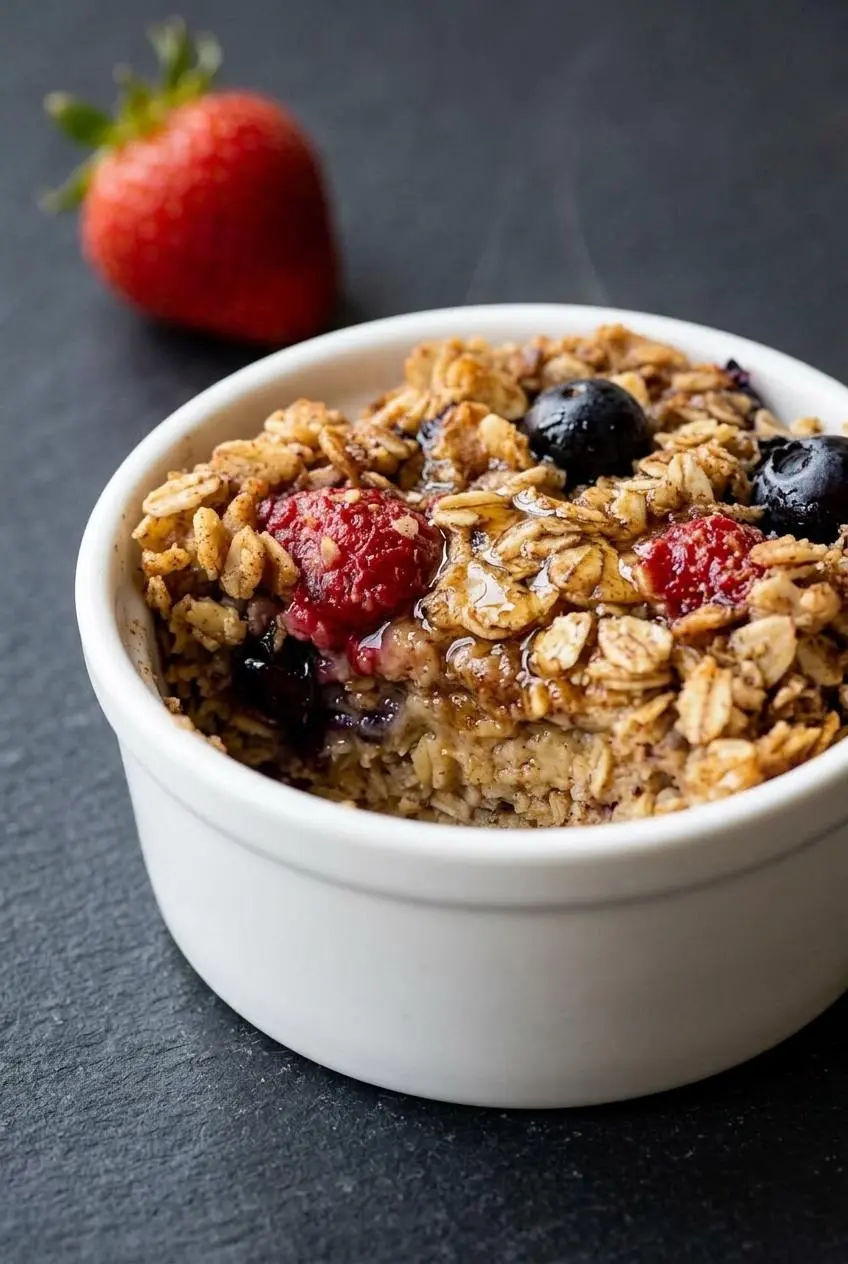 Close-up of baked oatmeal crust showing toasted rolled oats and bubbling wild berry juices.