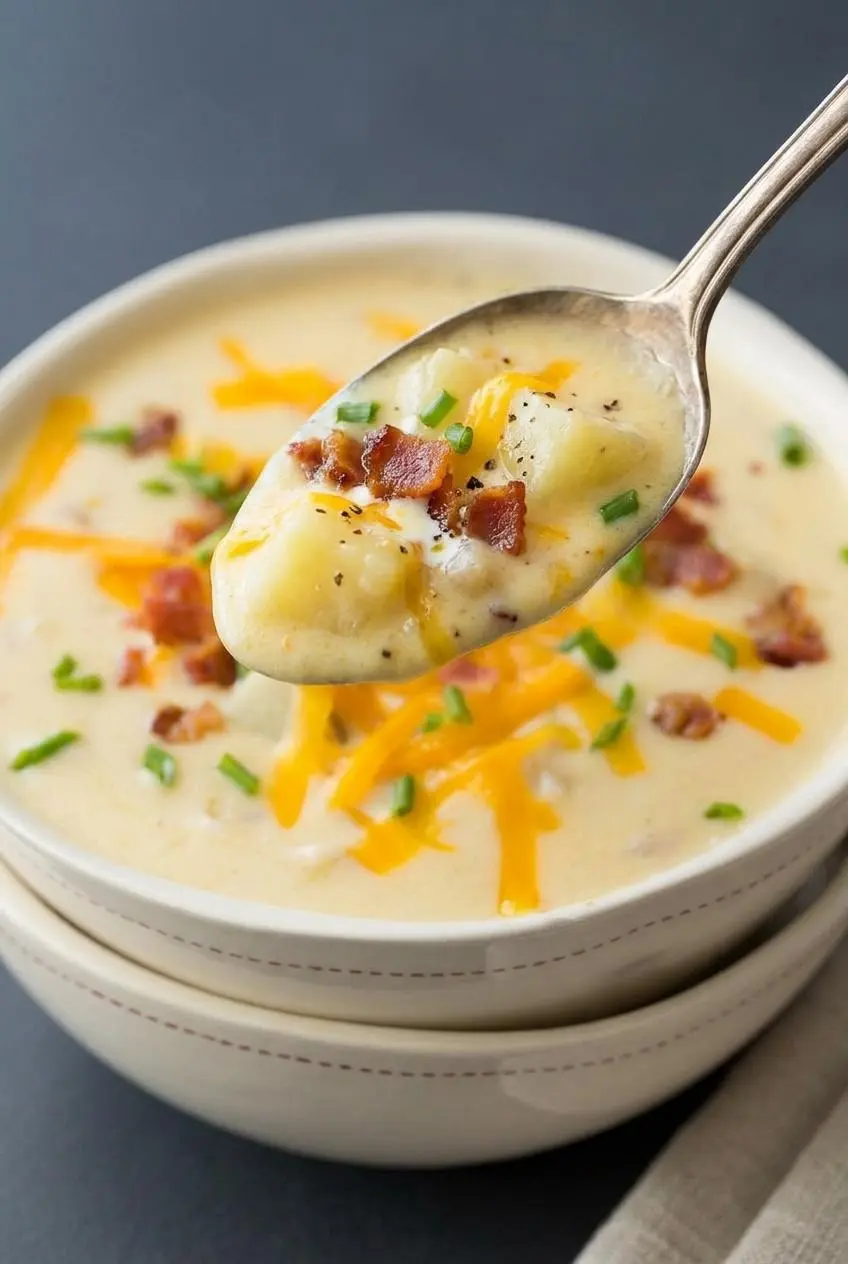 Spoonful of velvety baked potato soup showing tender potato chunks, melted sharp cheddar, and crisp bacon.