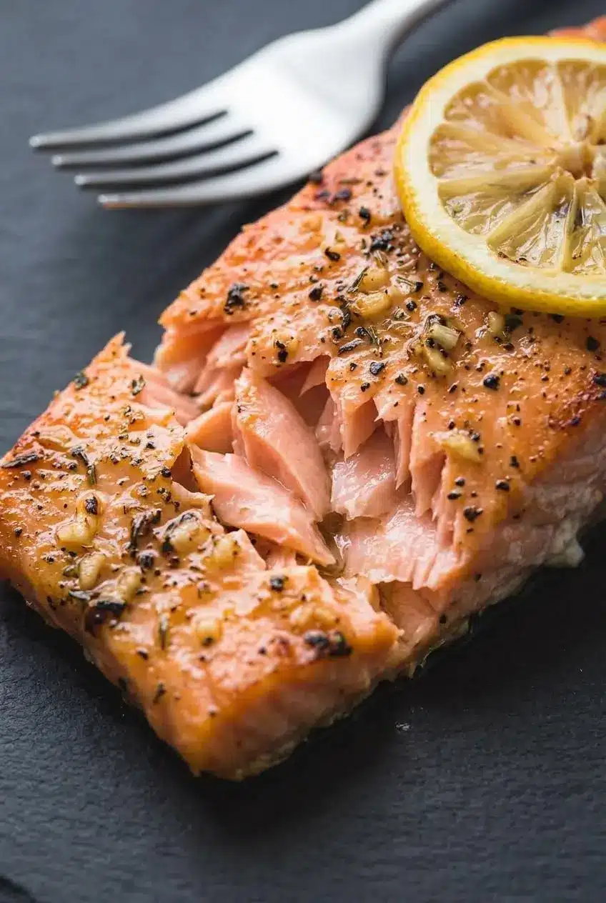 Flaky baked salmon fillet gently separated with a fork to show moist, opaque pink doneness.