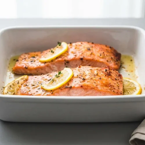 Baked salmon recipe fillets roasted golden with minced garlic, herbs, and lemon slices.