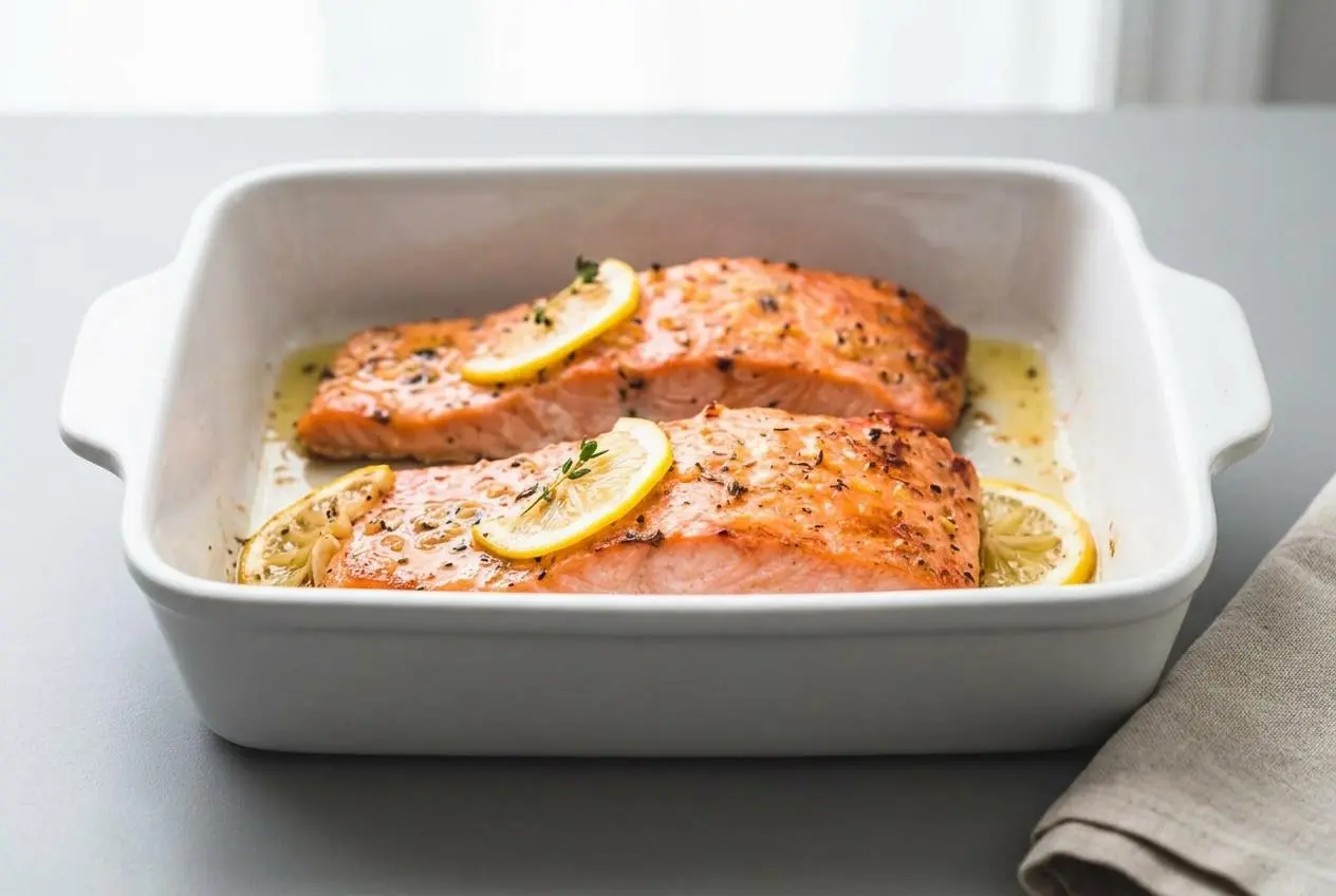 Baked salmon recipe fillets roasted golden with minced garlic, herbs, and lemon slices.