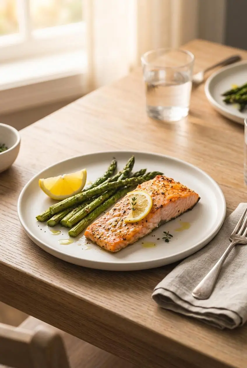 Baked salmon fillet plated for dinner alongside tender roasted green asparagus and a lemon wedge.