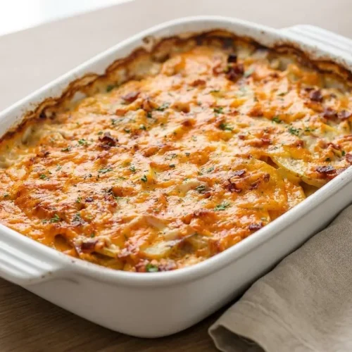 Golden baked scalloped potatoes and ham casserole with a bubbling, melted cheese crust in a white baking dish.
