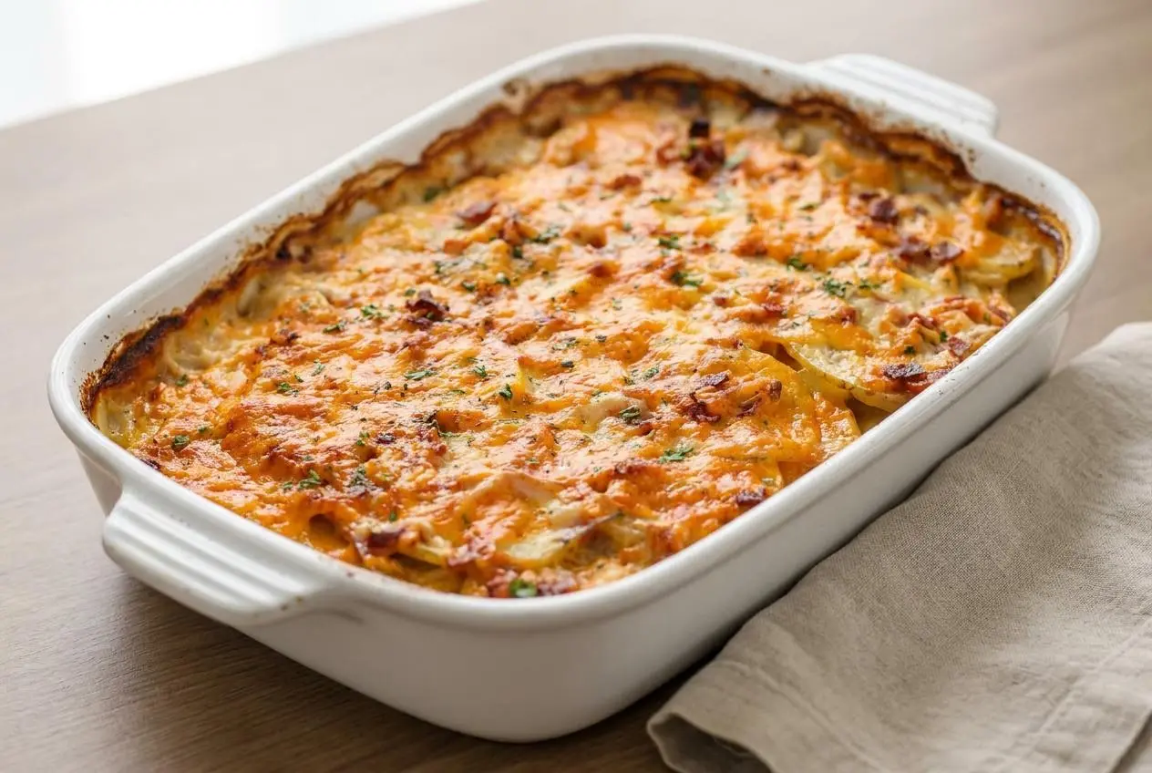 Golden baked scalloped potatoes and ham casserole with a bubbling, melted cheese crust in a white baking dish.