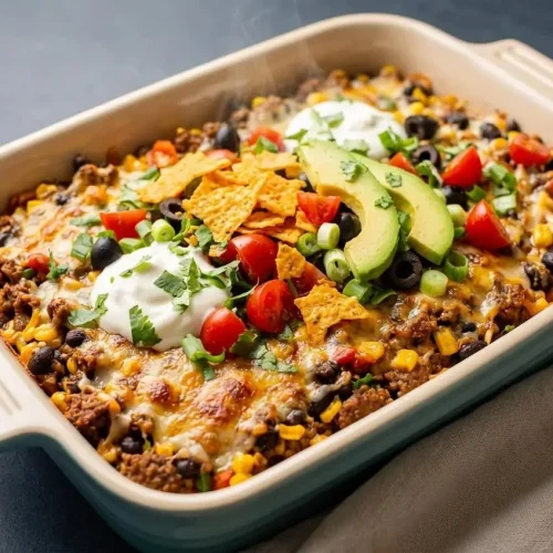 Baked taco casserole in a baking dish featuring melted golden cheese, crisp tortilla chips, and seasoned ground beef.